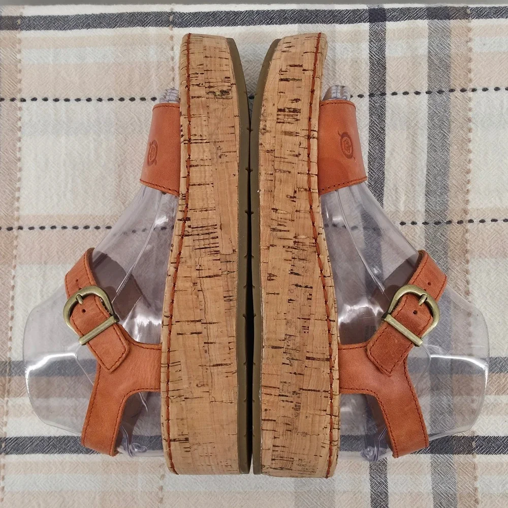 B.O.C. Born Leather Platform Wedge Sandals Coral Tan Cork Ankle Strap Women's 7M